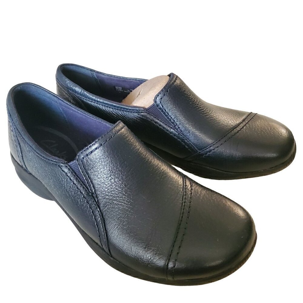Clarks In Motion Navy Blue Leather Shoes, Woman's Slip On Shoes